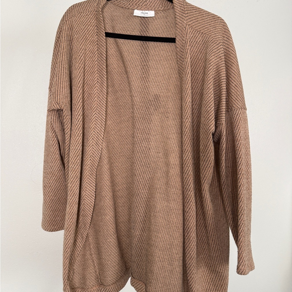 Ivoire Open Front Knit Cardigan | Taupe Brown Lightweight Sweater | Size XL
